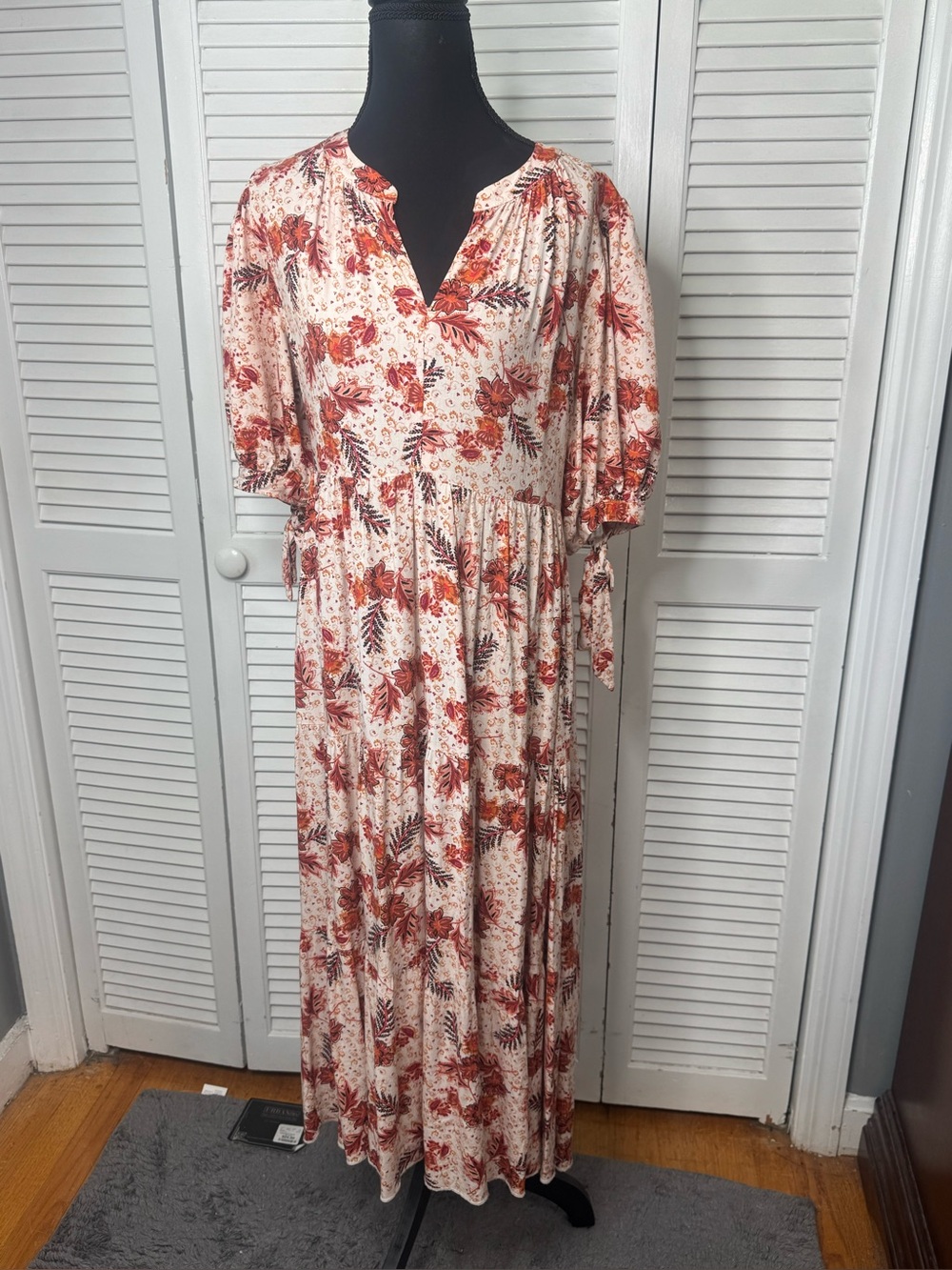 Women terracotta Floral Boho Peasant Prairie V Neck Puff Sleeves Dress Medium